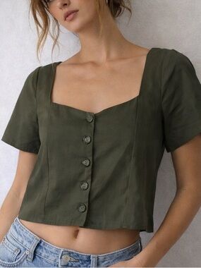 Rita Row Chiara Olive Green Button Front‎ Crop Top Size XS Minimalist
